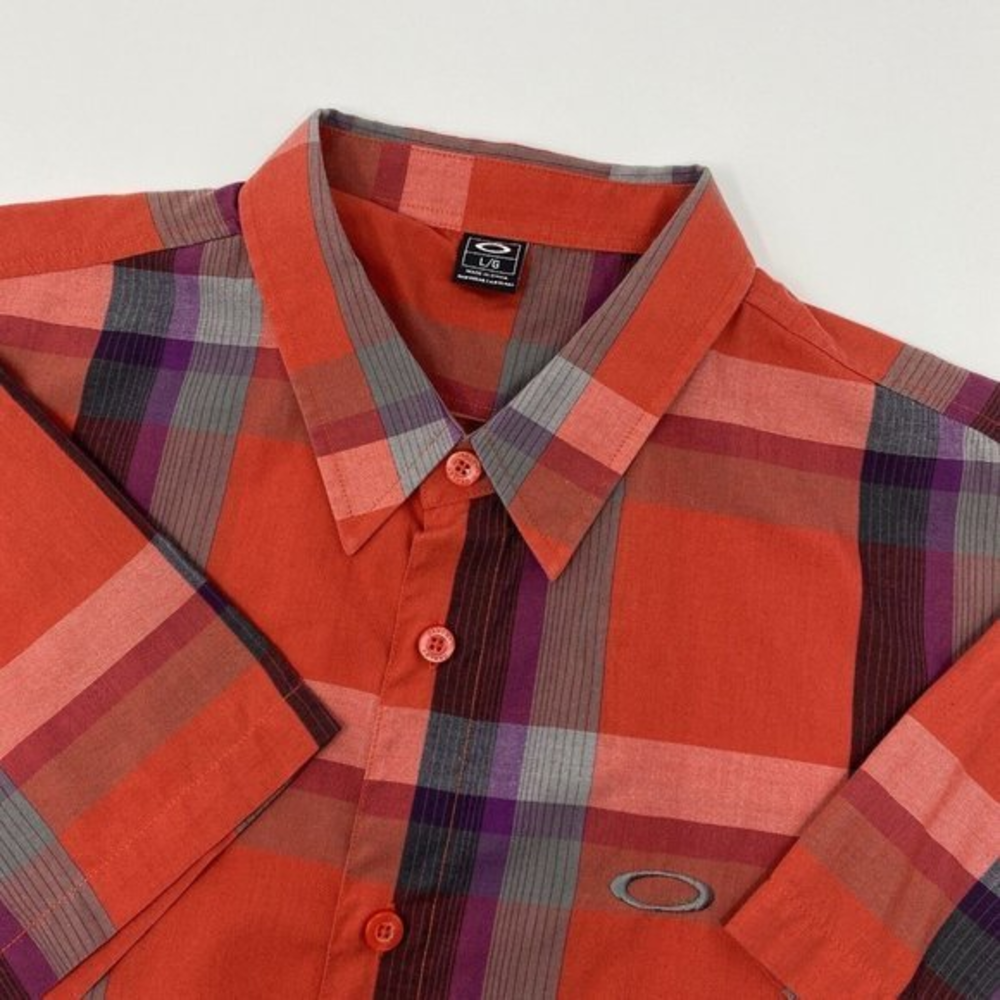 OAKLEY Short Sleeve Button Up‎ Red/Purple Plaid Men's Large